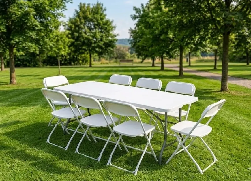 Rectangular folding table with eight white folding chairs on a lawn